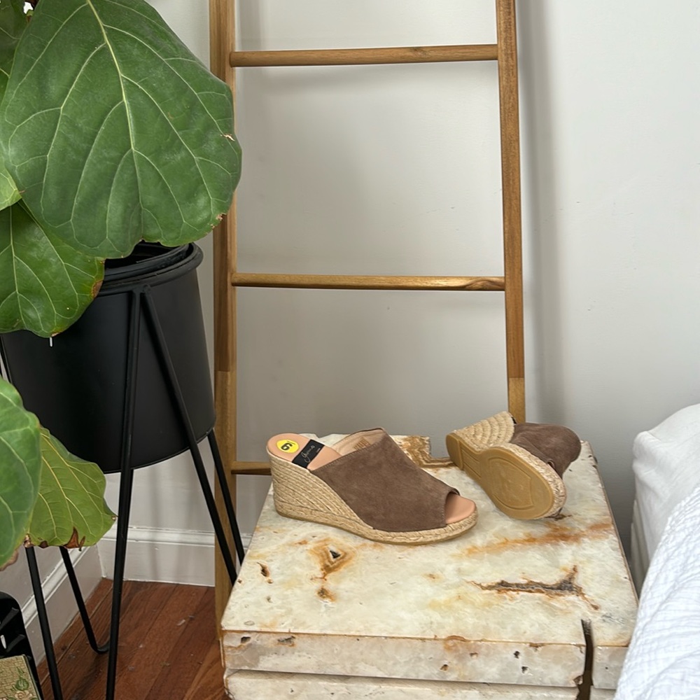 Tan brushed suede open toe wedge shoe 3 inch in height
